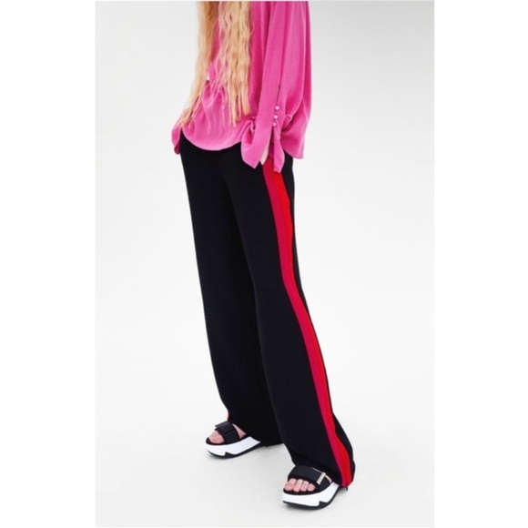 NWT Zara High Rise Wide Leg Black Pants with Red and Pink Bold Stripe - Picture 1 of 8